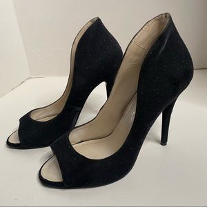 Black glitter open toe pumps